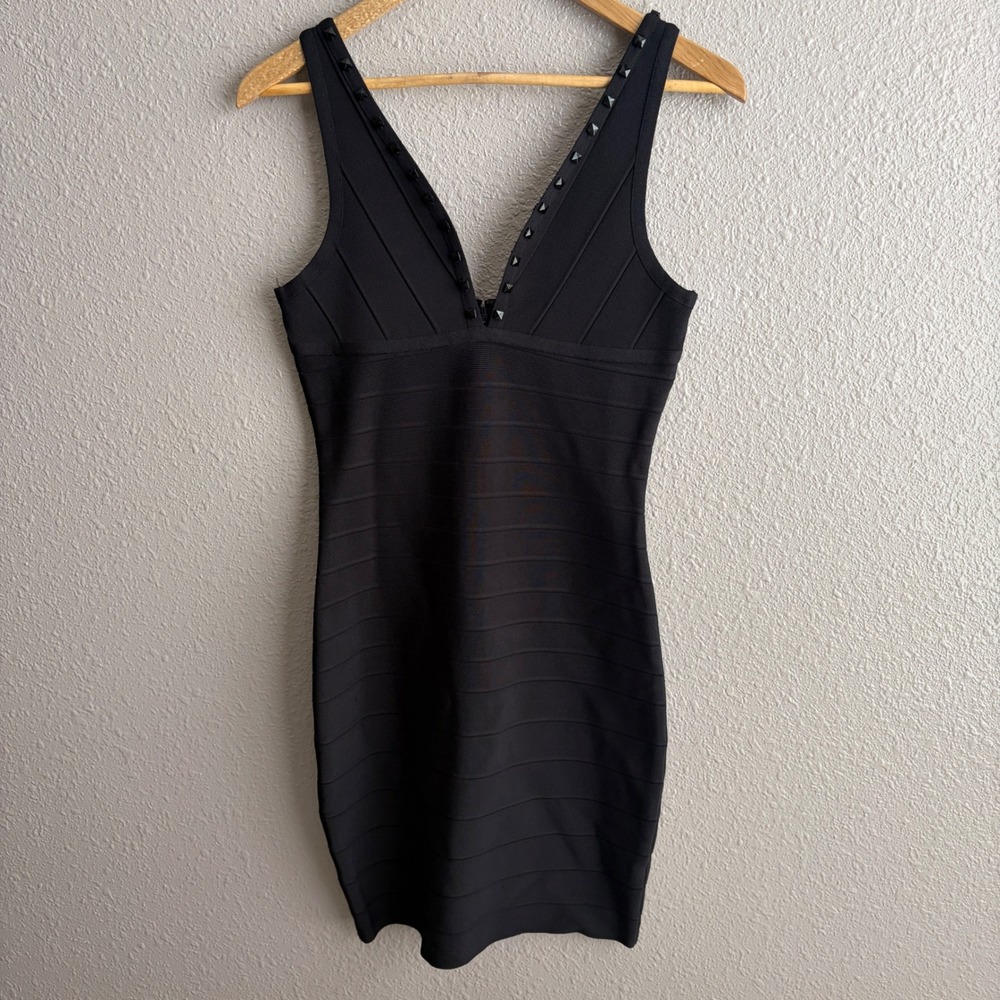TopShop Black Bodycon Bandage V-Neck Studded Ribbed Mini Dress 6